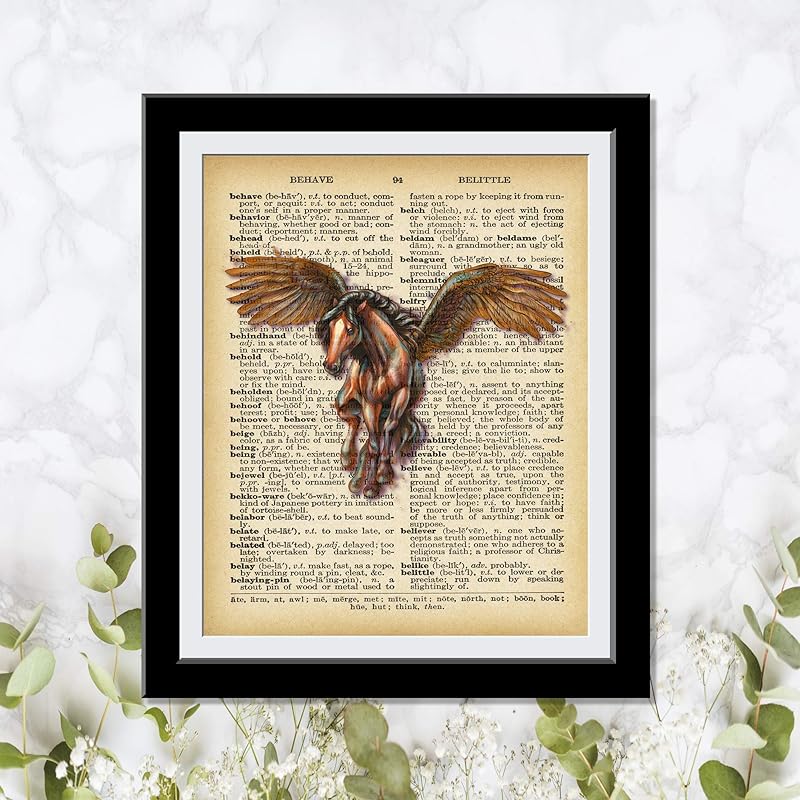 Pegasus Horse with Wings Dictionary Wall Art Prints - Gift for House Warming Christmas Holidays - Decor Vintage Print Dictionary Wall Art Pictures Paintings UnFramed…
