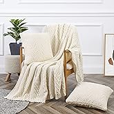Aormenzy Knitted Throw Blanket (50" x 60") and 2 Pillow Covers (18" x 18"), 3 Piece Cream Throw Blanket Set, Decorative Throw Blankets for Couch Sofa Bed Living Room