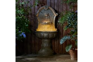 Glitzhome Outdoor Wall Mounted Water Fountain with LED Light and Pump, Antique European Style Multi-Tiered Faux Granite Sculptural Pedestal Outdoor Fountain for Porch Deck Patio Backyard, 49.25" H