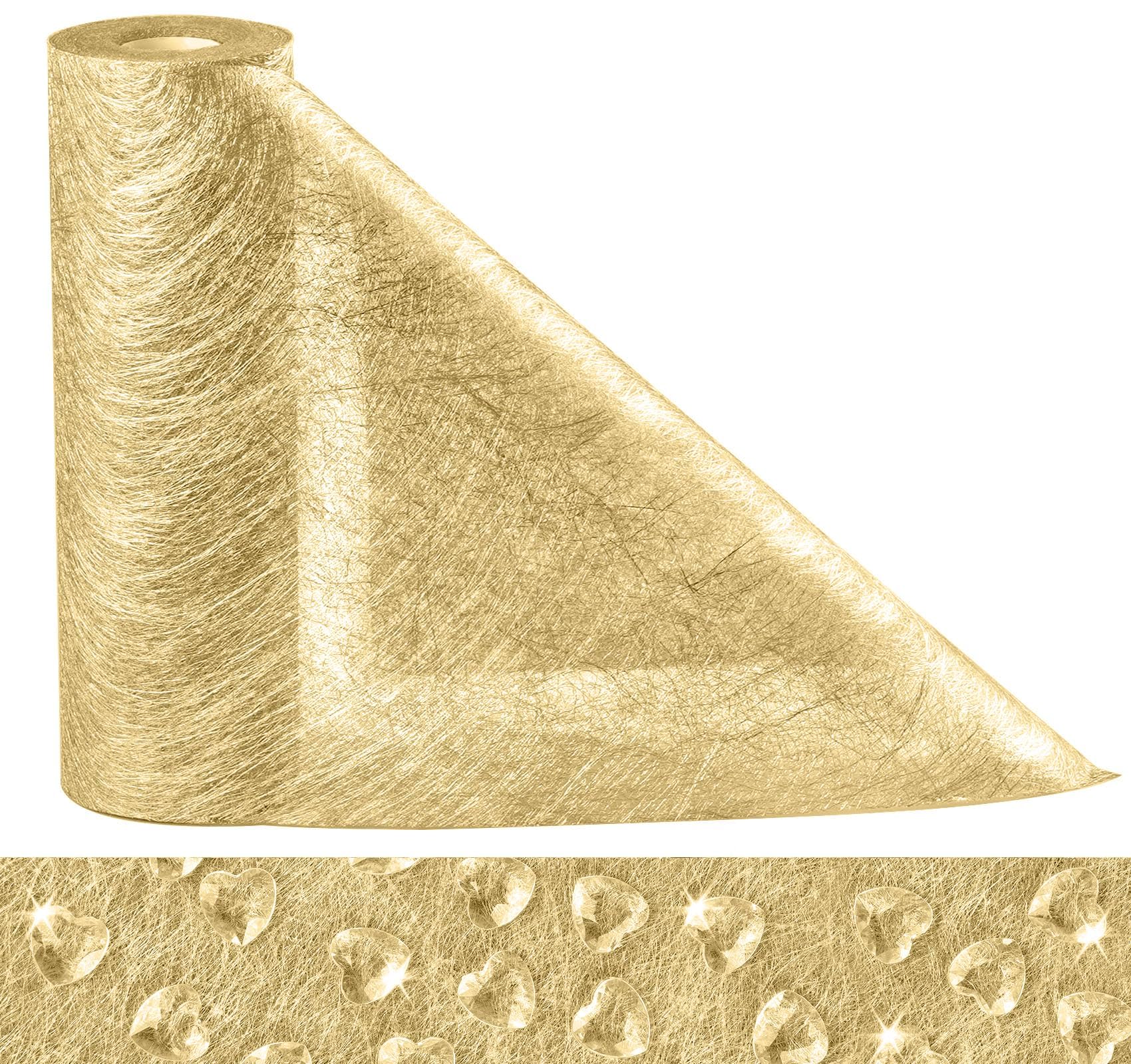 23cm x 30m Gold Table Runner Roll, Metallic Gold Long Fiber Non-Woven Fabric, 100% Polyester with 150 Heart Rhinestones, Luxury Golden Wedding Table Runner for Party, Afternoon Tea & DIY Craft