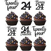 24 Pcs 24 Birthday Cupcake Toppers -BLACK Glitter, Twenty Four Cupcake Topper, 24 Cupcake Toppers, 24th birthday decorations,24th Birthday Cupcake Topper, 24 Decorations for Cake