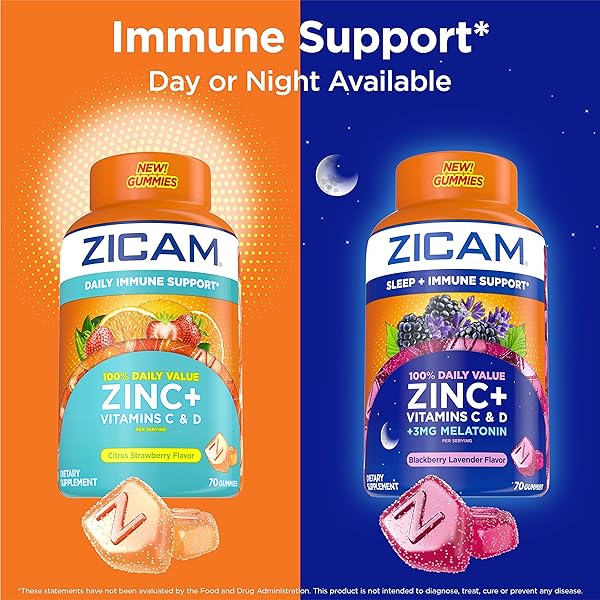 ZICAM SLEEP + IMMUNE SUPPORT. ZINC, GUMMY SUPPLEMENT, BLACKBERRY LAVENDER FLAVOR, VITAMIN C AND VITAMIN D, 3MG MELATONIN PER SERVING, 70 COUNT