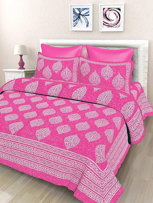 SheetKart Floral 144 TC Cotton Double Bedsheet with 2 Pillow Covers - Pink