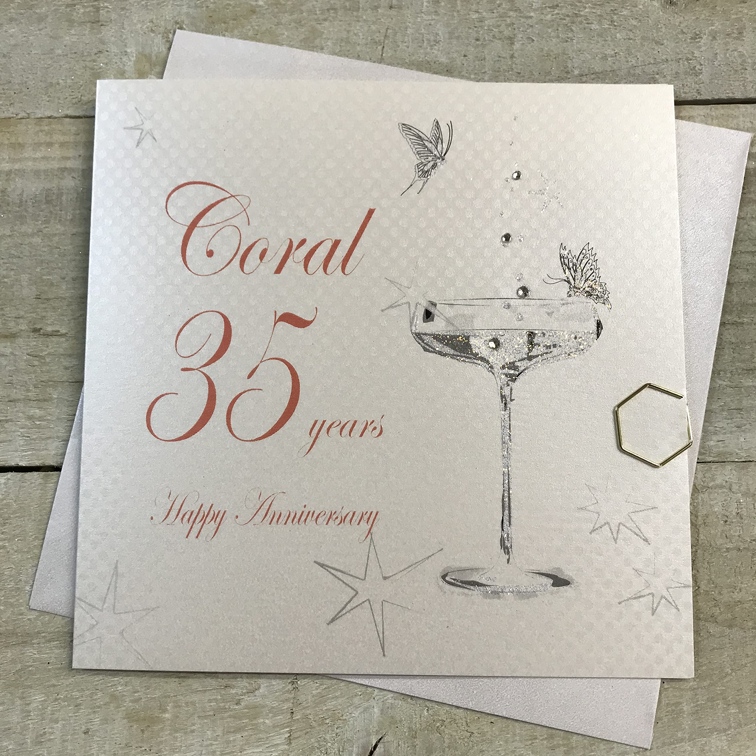 White Cotton Cards BD135C Coupe Glass "Happy Anniversary 'Coral' 35 Years" Handmade Anniversary Card, White