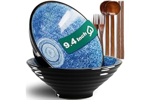 9.4-Inch 2 Sets Ceramic Ramen Bowl (8 Piece) - Japanese Porcelain Dishwasher Microwave Safe Salad Noodles Cereal Pasta Soup L