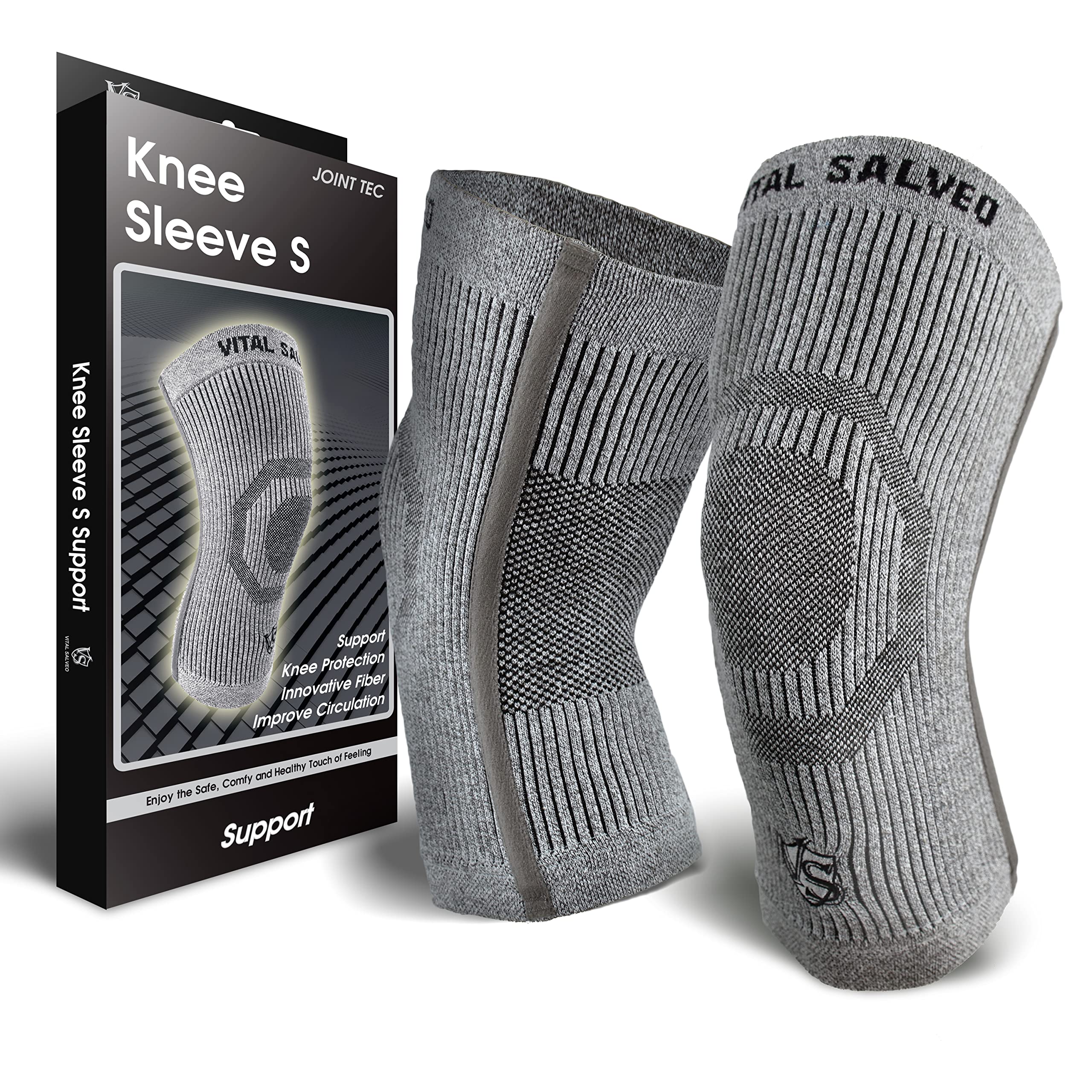 Vital Salveo-Knee Support Brace, Compression knee sleeve of Singular Support with Germanium and Bamboo Charcoal for Pain Relief, Sports and Daily wear(1Pair)-Light Grey-Large