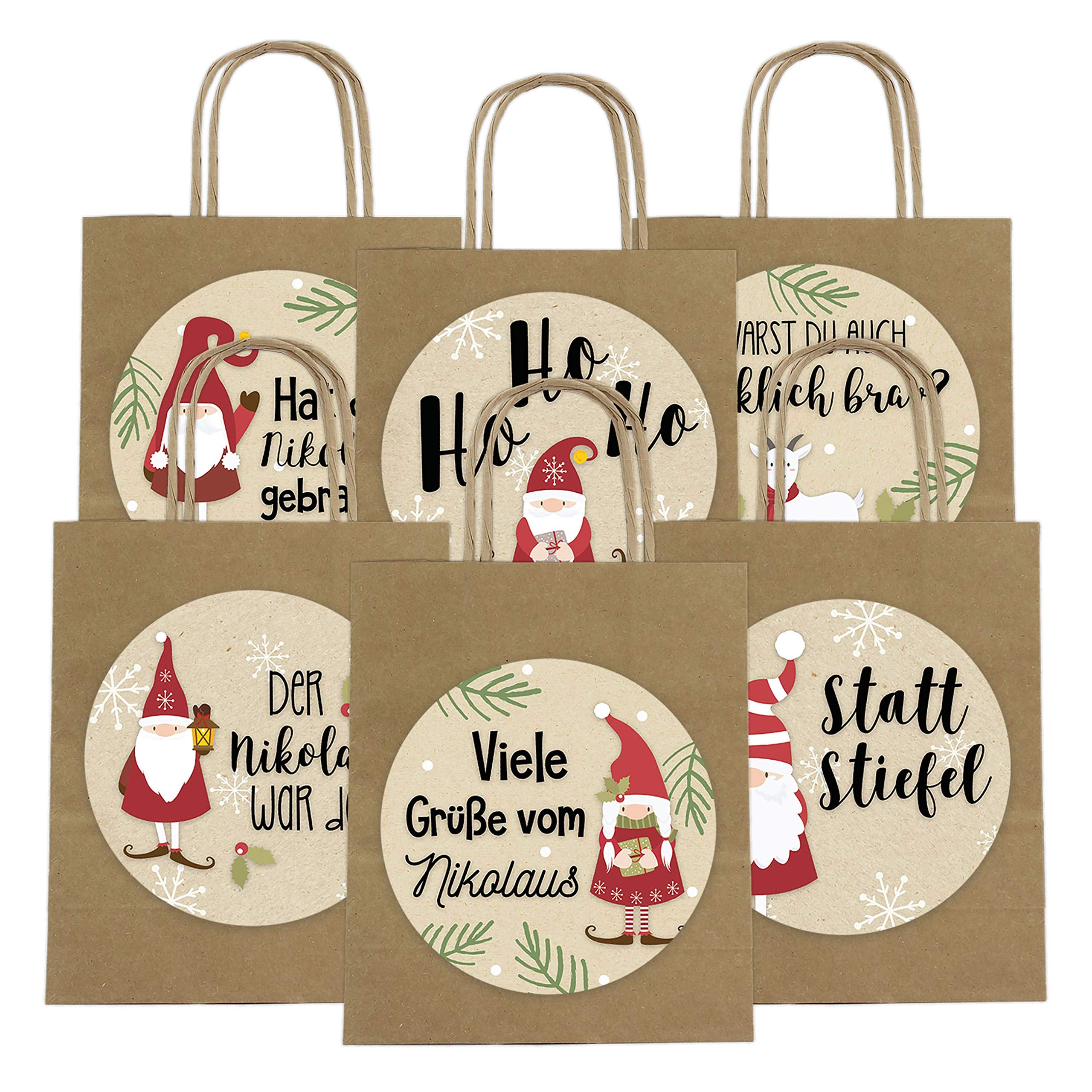 6 Gift Bags for Santa Claus 18 cm x 22.5 cm x 8 cm with XXL Stickers - Packaging for Santa Claus - Santa Bag - Handle Bag Motif Gnome