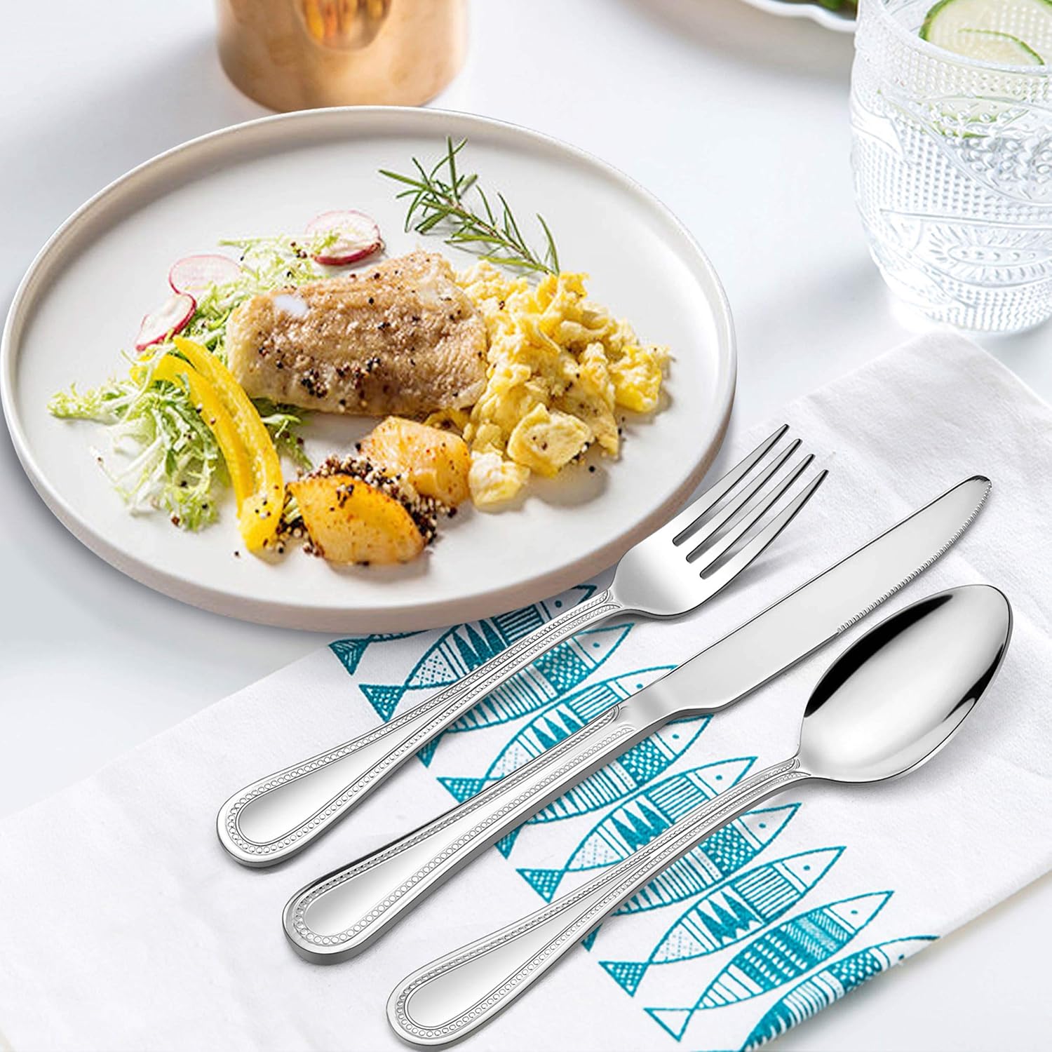  | LIANYU 20-Piece Silverware Set, Stainless Steel Flatware Set for 4, Fancy Cutlery Eating Utensils with Pearled Edge, Home Kitchen Restaurant Tableware Include Knives Spoons Forks, Dishwasher Safe: Flatware Sets