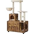 Yaheetech Litter Box Enclosure with Cat Tree, All-in-one Indoor Cat House w/Scratching Posts, Wooden Cat Litter Box Furniture w/Cat Condo, Platform, Rustic Brown/Beige