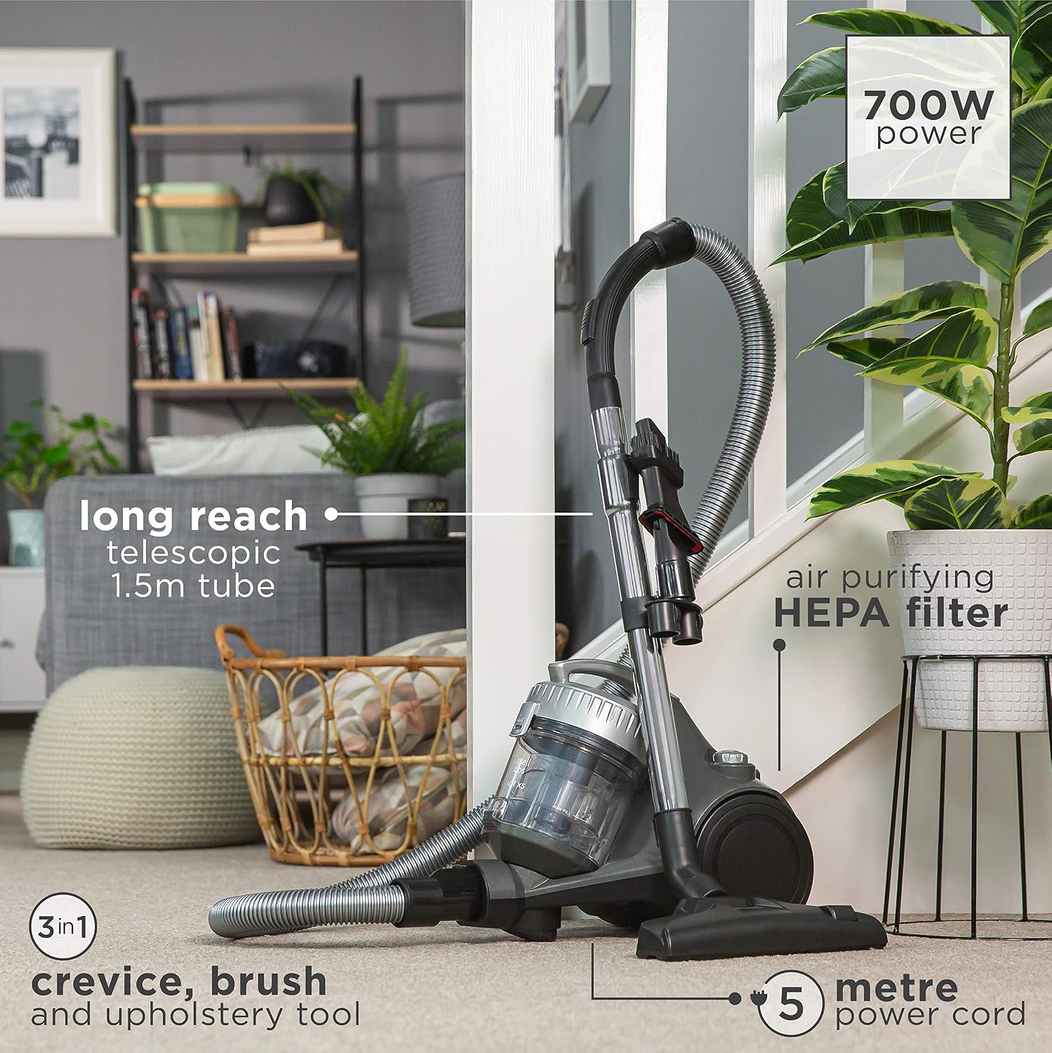 Russell Hobbs® Compact XS Bagless Cylinder Vacuum Cleaner Lightweight 700W, 1.5L, Grey & Silver, Triple Filtration - Image 3