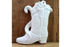 CERAMICS IN MONTANA Cowboy Boot Christmas Ornament with Ribbon and Candy Cane - Ready to Paint Ceramic Bisque - Hand Poured in The USA