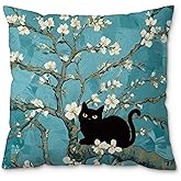 ROXMART Black Cat Almond Blossom Pillow Covers 18x18, Cat Lovers Gifts for Women, Cats Mom Lady Grandma Gifts, Vintage Flower Black Kitten Decorative Pillow Covers for Home Bedroom Office