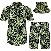 Spanoous Mens Hawaiian Shirts and Shorts Set Funny Hawaiian Shirts for Men Beach Outfits Sets with Bucket Hats