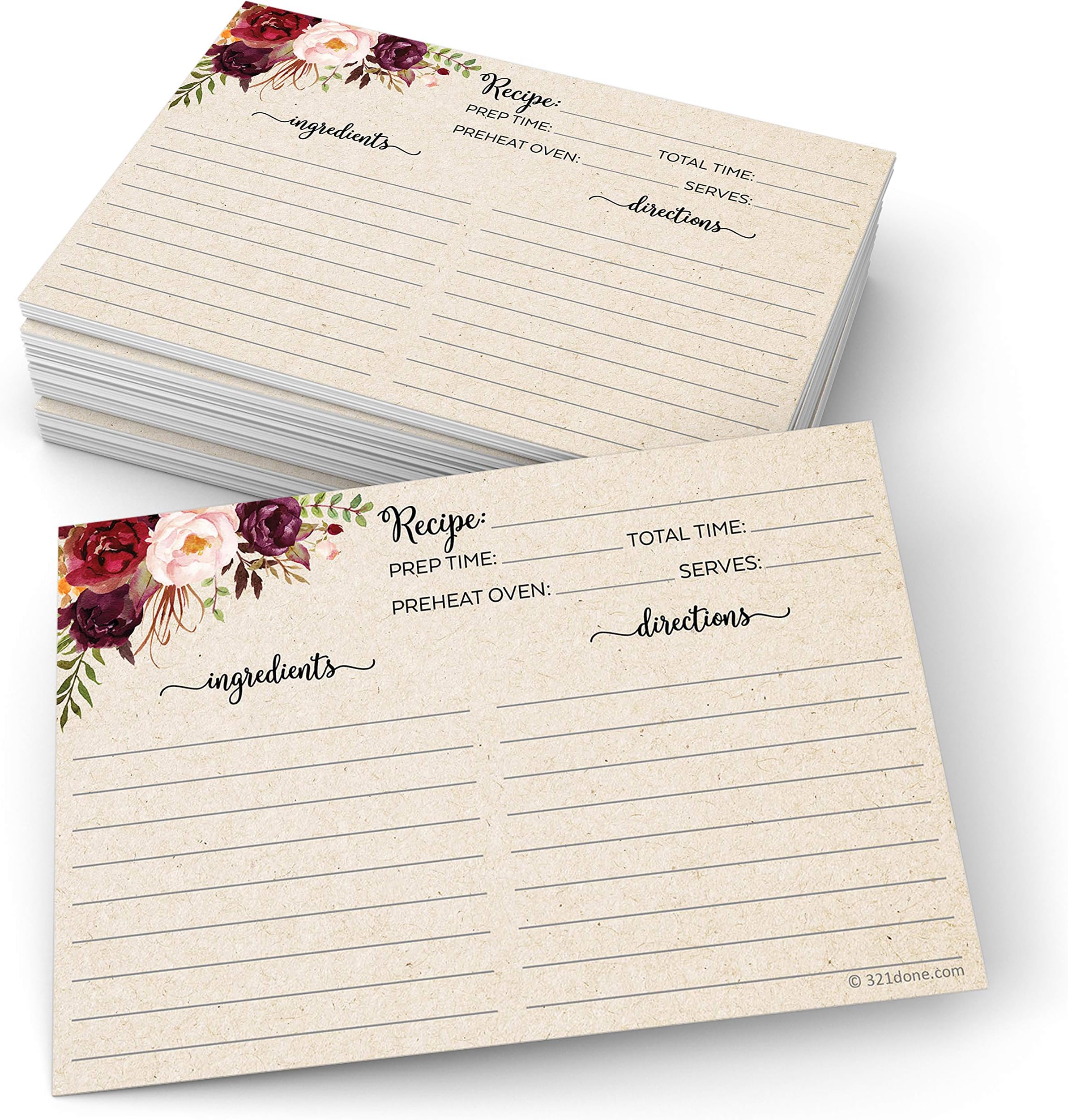 321Done Floral Recipe Cards (Set of 50) Rustic 4" x 6" - Double Sided Premium Card Stock - Made in USA - Large Watercolor Red Roses, Kraft Tan Notes From