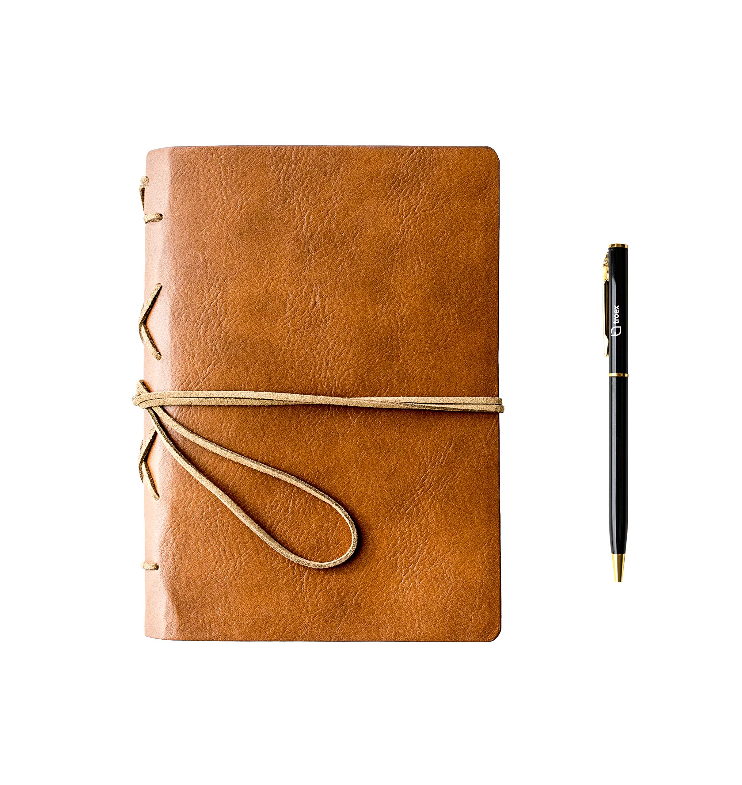 Troex PU Leather Journal Writing Notebook with Ballpoint Pen, String Closure & Unlined Pages- Light Brown Leather Bound Journal for Men & Women- Vintage Style Handmade Leather Notebook Journal