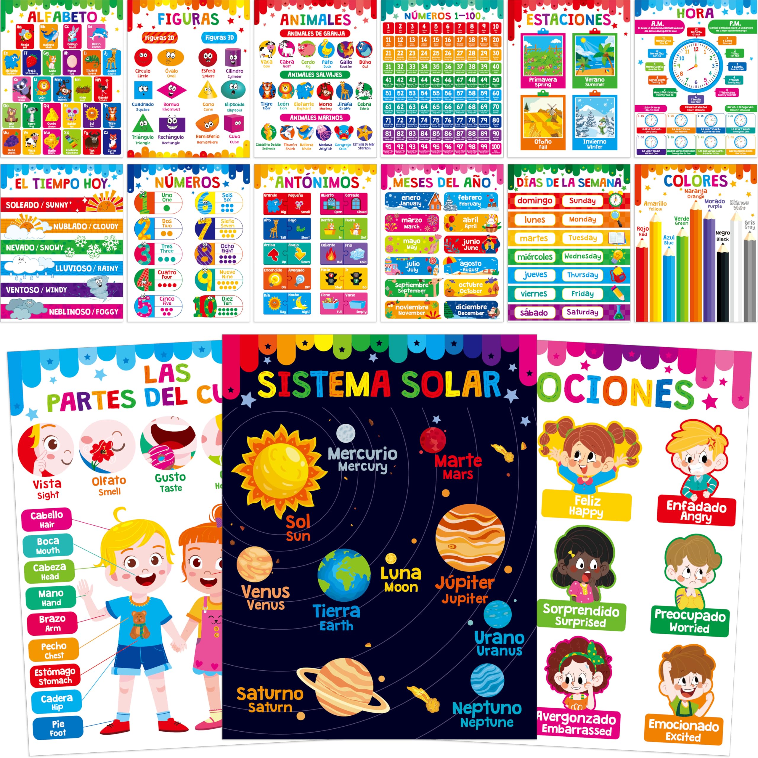 Photo 1 of 15 Packs Spanish & English Educational Posters, Thick Elementary Bilingual Poster Waterproof & Tearproof with PET Film, Early Language Learning Tool Educational Posters for Kindergarten Preschool