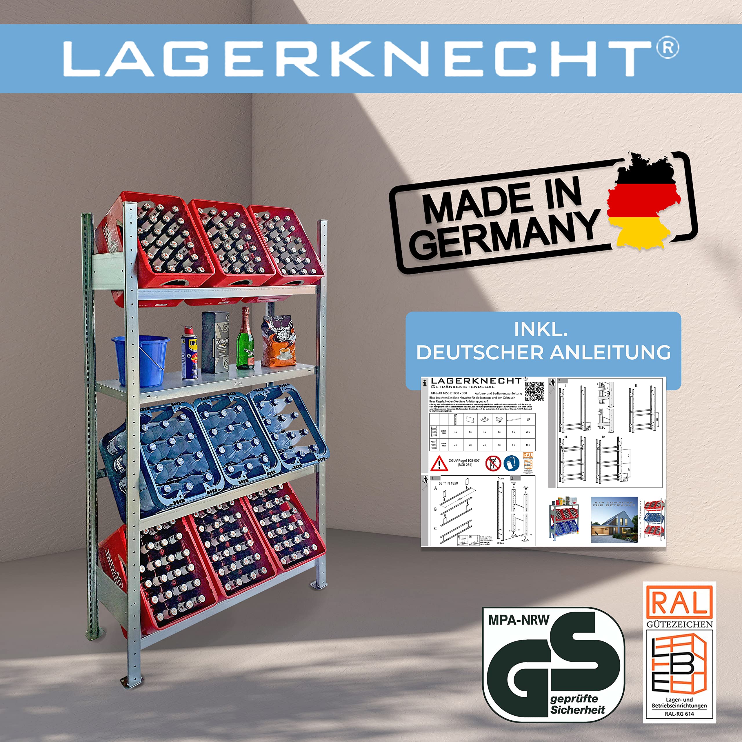Lagerknecht Getränkekistenregal 9 Kisten Made in Germany professionelle Ordnung für Kisten Regal für Getränkekisten mit Regalboden, Getränkeregal, Wasserkistenregal, Bierkistenregal 7
