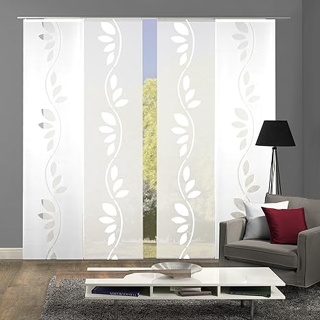 Home Fashion 94004 | 4er-Set Schiebegardine ATERA | mit Scherli-Muster | 4x 245x60 cm (h x b) | Farbe: (wollweiß)