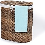 Seville Classics Handwoven Oval Double Lidded Removable Canvas Liner Laundry Sorter Hamper Bin, Mocha Brown