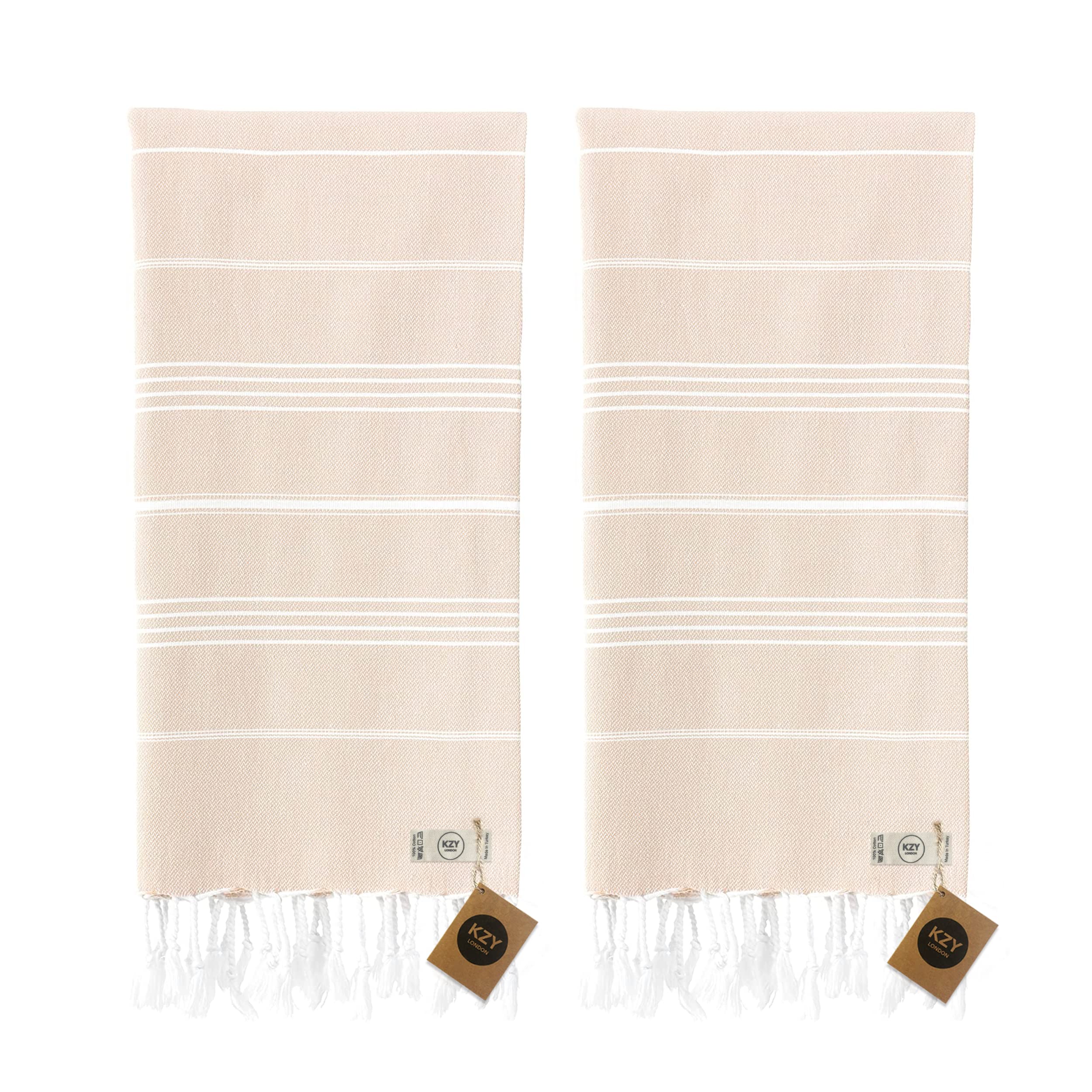 KZY LONDON Beach Towel 2 Pack Large Turkish Beach Towels for Camping, Swimming, Gym - Quick Dry, Absorbent, Lightweight,%100 Cotton 90x180cm Hammam Towels for Adults (2 Set, Beige)