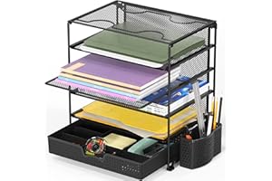 Simple Houseware 5-Tier Desktop Document Tray Organizer with Sliding Drawer and Pen Holder, Black