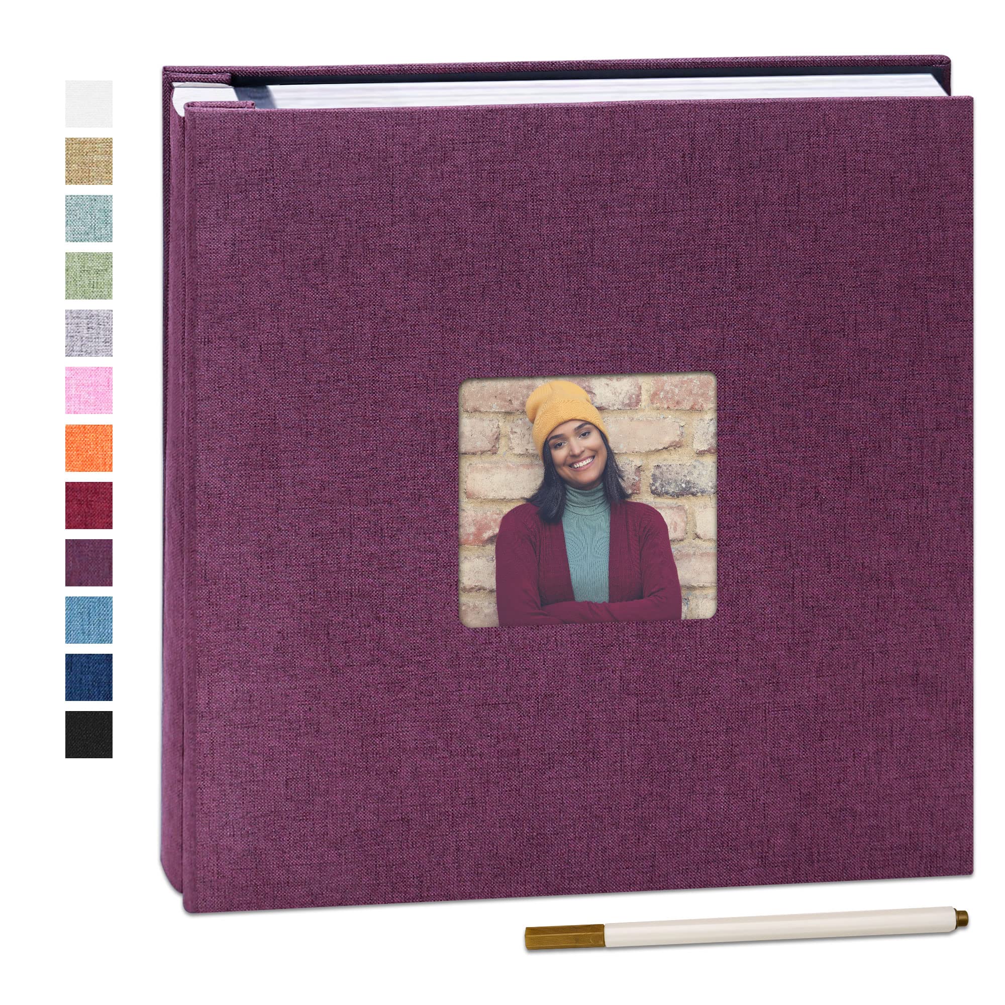 Yopih Self Adhesive Photo Album 28x27cm Fits 10x15 8x13 13x18 15x20 20x25 cm Photo Scrapbook with Window 40 Pages Linen Cover with A Metallic Pen DIY Memory Book for Baby Wedding Family Purple