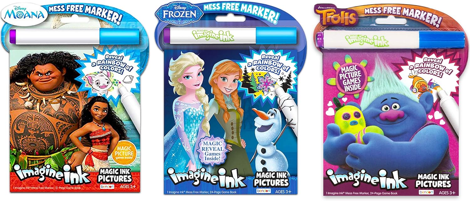 KaleidoQuest Bundle of 3 Imagine Ink Magic Pictures Activity Books - Moana, Trolls & Frozen
