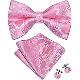 GUSLESON Mens Paisley Bow Tie Handkerchief Jacquard Woven Adjustable Pre-Tied Bowties Pocket Square Cufflinks Set