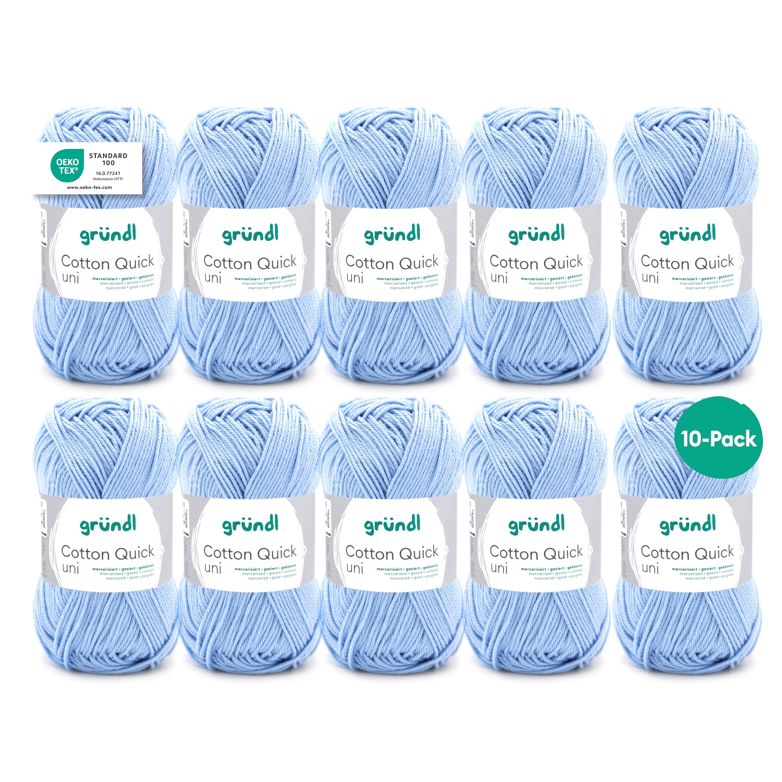Gründl Cotton Quick Plain Value Pack 10 x 50g Balls (Heavy Duty Wool, Easy Care Washable 100% Cotton Thread, 50g/125m, 3-4, 10 x 50g) - Sky Blue