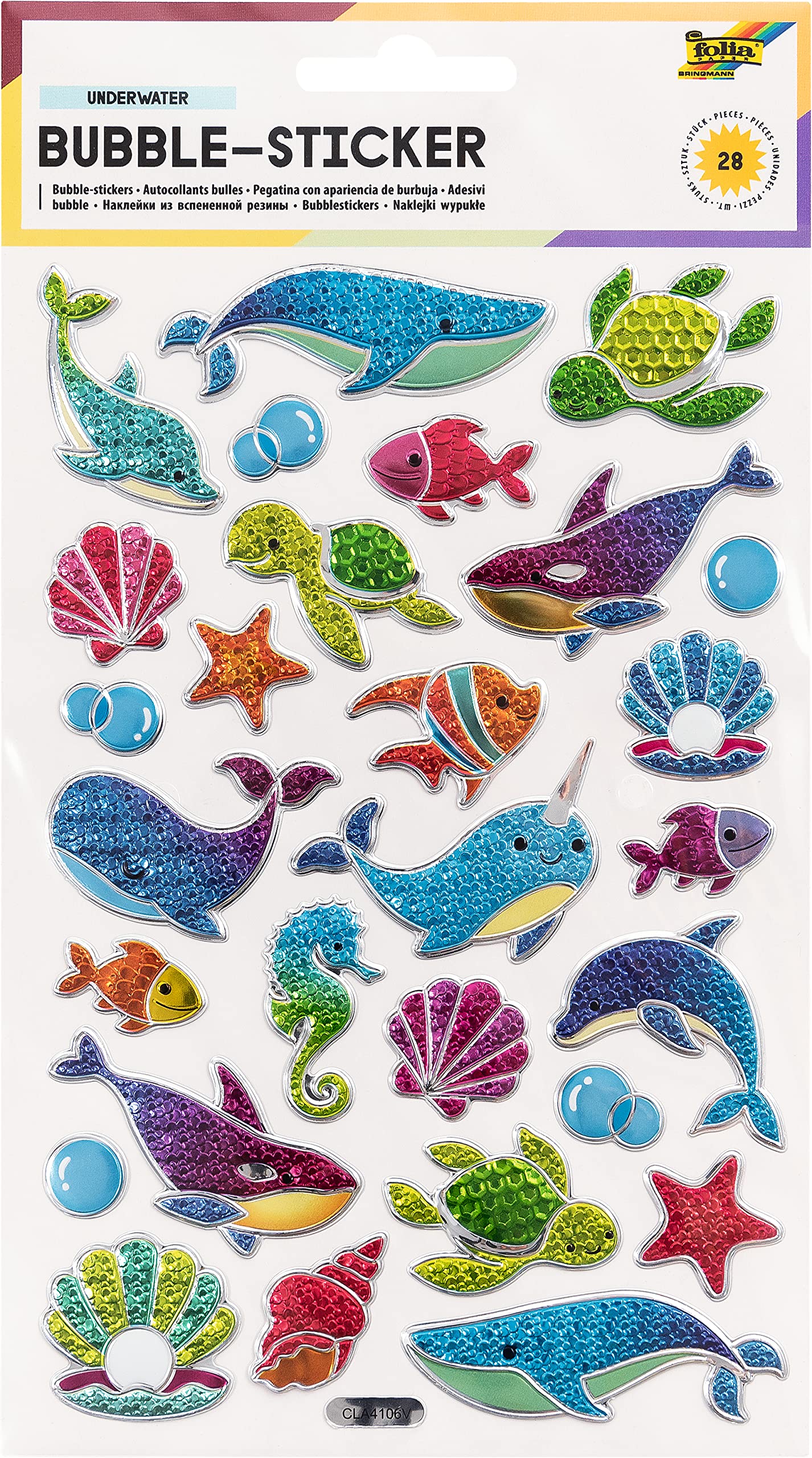 folia 19502 Bubble Sticker II with Underwater Motifs, with Textured Bubble Surface, Pack of 28, Ideal for Decorating Greeting Cards, Crafts and Scrapbooking