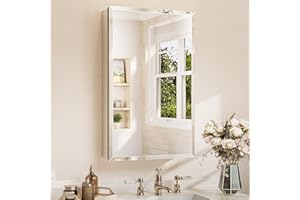 TETOTE Silver 20 x 32 Inch Beveled Bathroom Medicine Cabinet Mirror, Assembly Needed, Stepless Adjustable Shelves, Recessed o