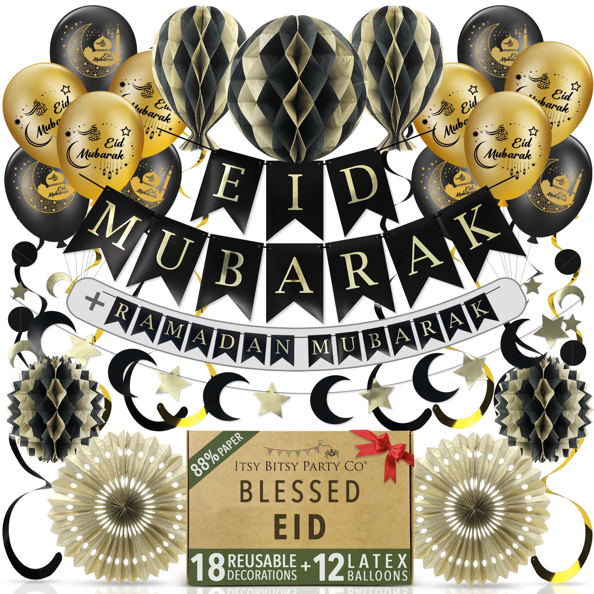 Premium Reusable Eid Decorations for Home - Ramadan Decorations with Balloons - 3-in-1 Banner spells Eid Mubarak, Ramadan Mubarak & Ramdan Kareem - Fast Assembly with Velcro (Black & Gold + Balloons)