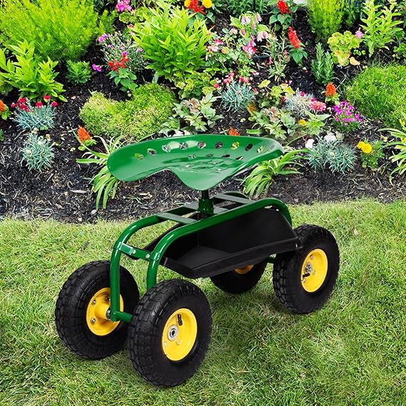 COSTWAY Garden Cart W/Rolling Seat Work Tool Tray Heavy Duty Stool