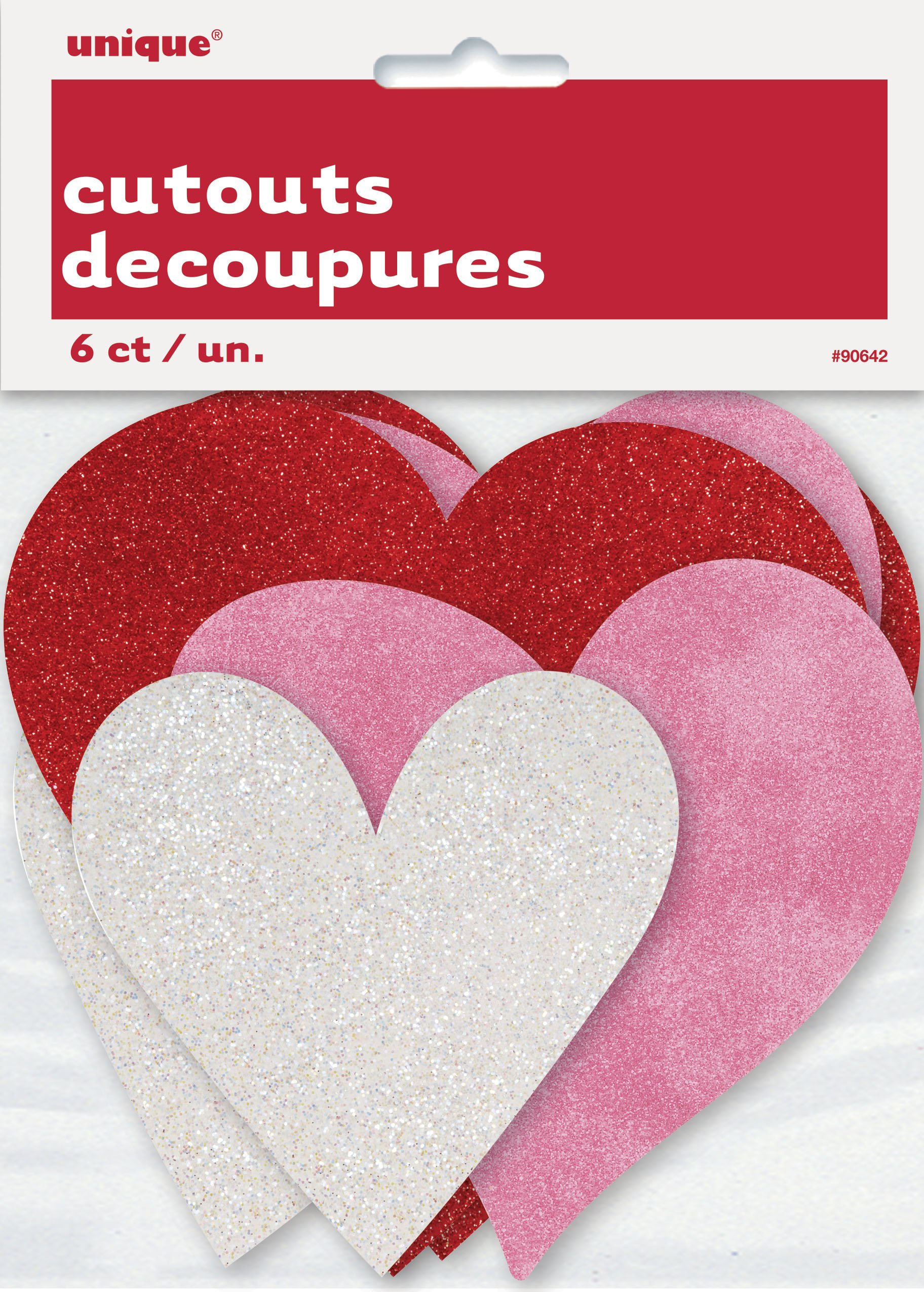 Unique Party 90642 - Paper Cut Out Glitter Heart Valentines Decorations, Pack of 6