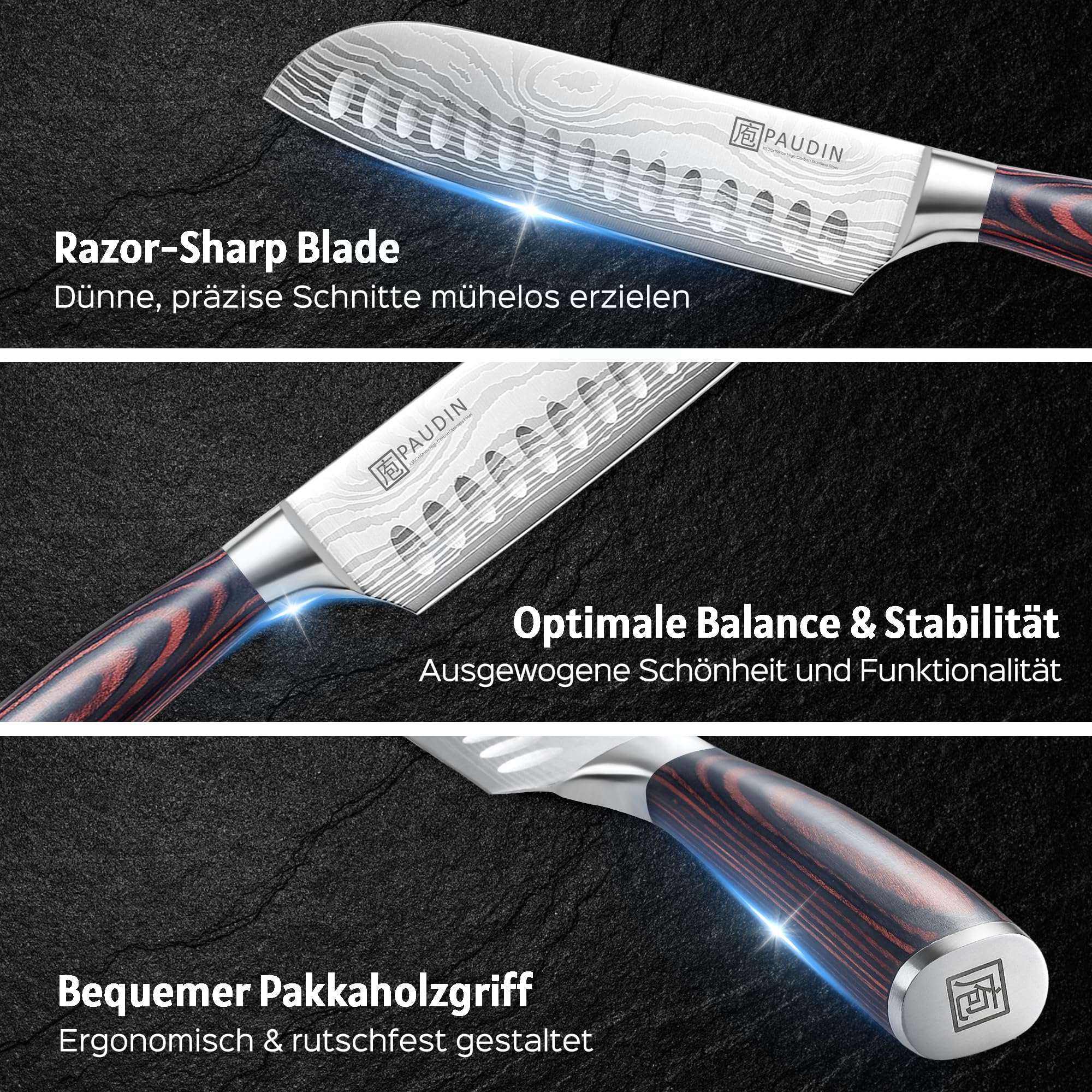 PAUDIN Santokumesser, Klingenlänge17 cm Kochmesser aus deutschem Messerstahl, Sushi Messer Küchenmesser mit ergonomischem Griff für Haus und Restaurant 2