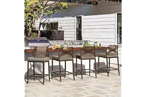 Cozyman Rattan Counter Height Bar Stools Set of 4, 27.5" H Boho Woven Rope Back Outdoor Barstools with Aluminum Legs for Kitchen Patio Garden, Black