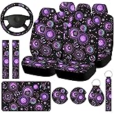 Riakrum 15 Pcs Gradient Sun Moon Star Car Seat Covers Full Set for Women Steering Wheel Cover Shoulder Pads Armrest Pad Keychain Wrist Strap Auto Seat Universal for Vehicle SUV Truck Protector