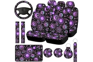 Riakrum 15 Pcs Gradient Sun Moon Star Car Seat Covers Full Set for Women Steering Wheel Cover Shoulder Pads Armrest Pad Keychain Wrist Strap Auto Seat Universal for Vehicle SUV Truck Protector