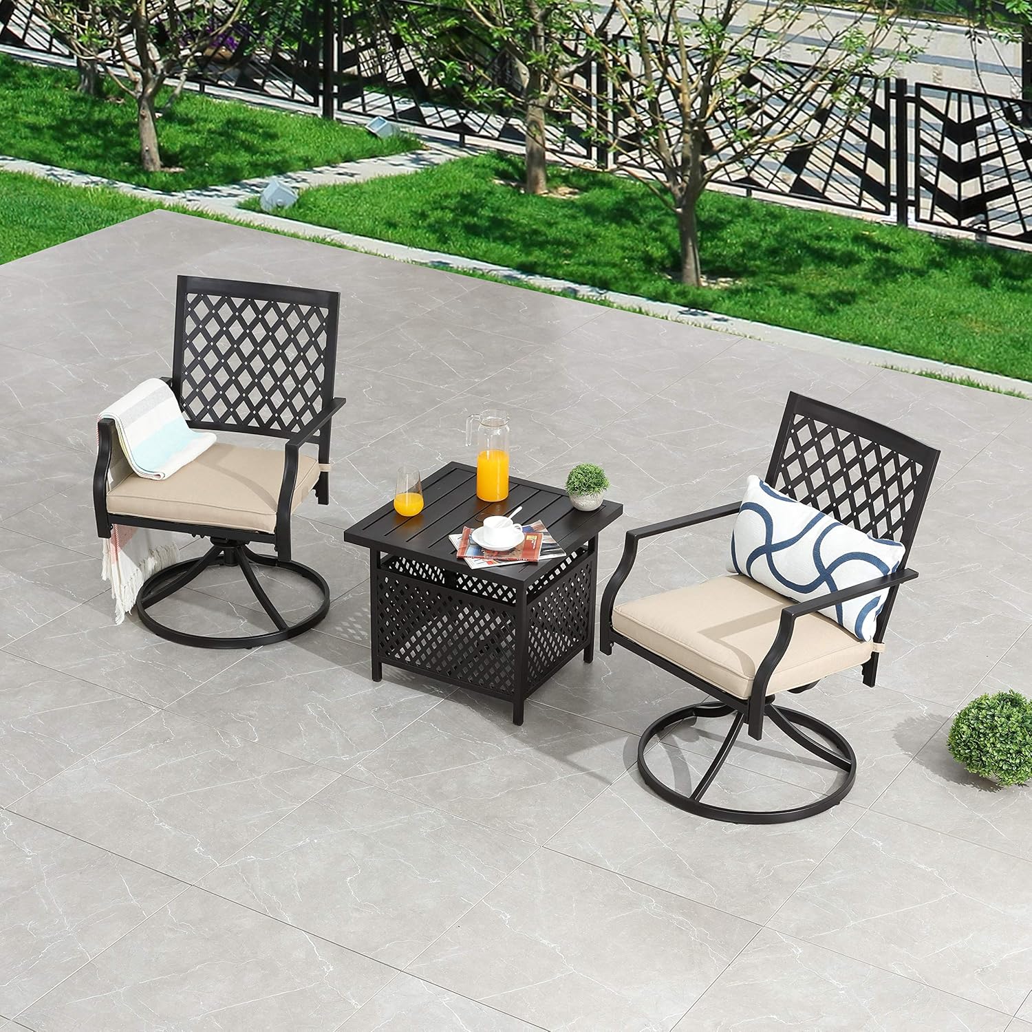 LOKATSE HOME 3 Pieces Patio Swivel Set Outdoor Metal Steel Furniture with 2 Dinning Chairs and Umbrella Side Square Table, bar, Beige Cushions: Garden & Outdoor