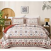 DJY Queen Size Quilt Sets, Burgundy Floral Quilt Set Queen 3 Pieces Red Boho Bedspread Coverlet Set with 2 Pillowcases Soft Lightweight Microfiber Bedding for All Season (96"x90")