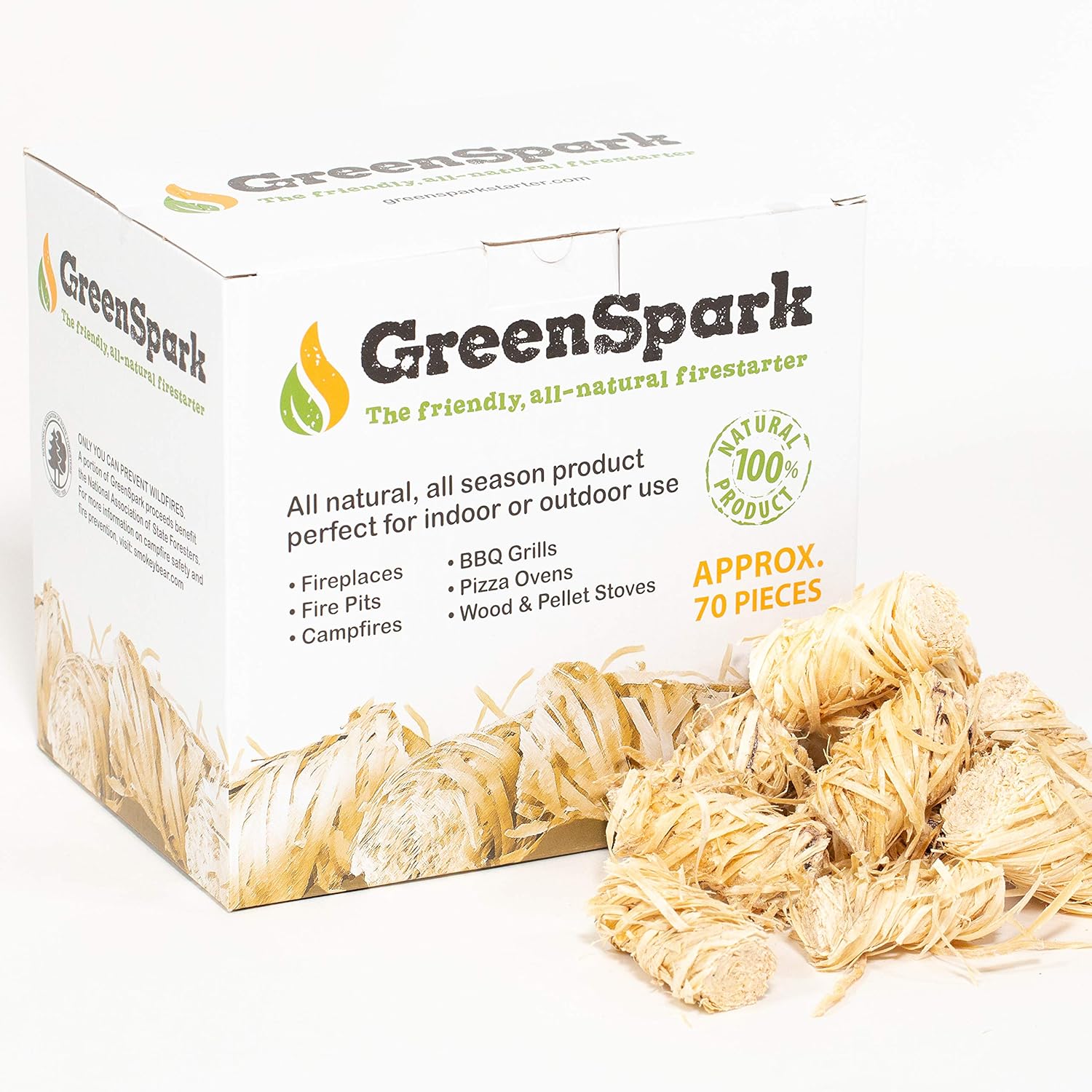 GreenSpark – Friendly Fire Starter Bundles, 70 Count, 100% All-Natural, 8-10 Min. Burn, Fireplace, Campfire, Fire Pit, BBQ Grill, Wood & Pellet Stove, Indoor/Outdoor, All-Weather, Super Fast Lighting: Home & Kitchen
