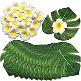 Thiccywoov 60 Pcs Tropical Party Decor Supplies 30 Pcs 8" Fak Monstera Leaves 30 Pcs 2.75" Artificial Plumeria Flower and Glue for Hawaiian Luau Jungle Beach Theme Table Wedding Party(White)