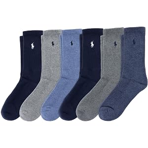 POLO RALPH LAUREN Boys' Athletic Performance Crew Socks, 6 Pack, Navy, 4-7