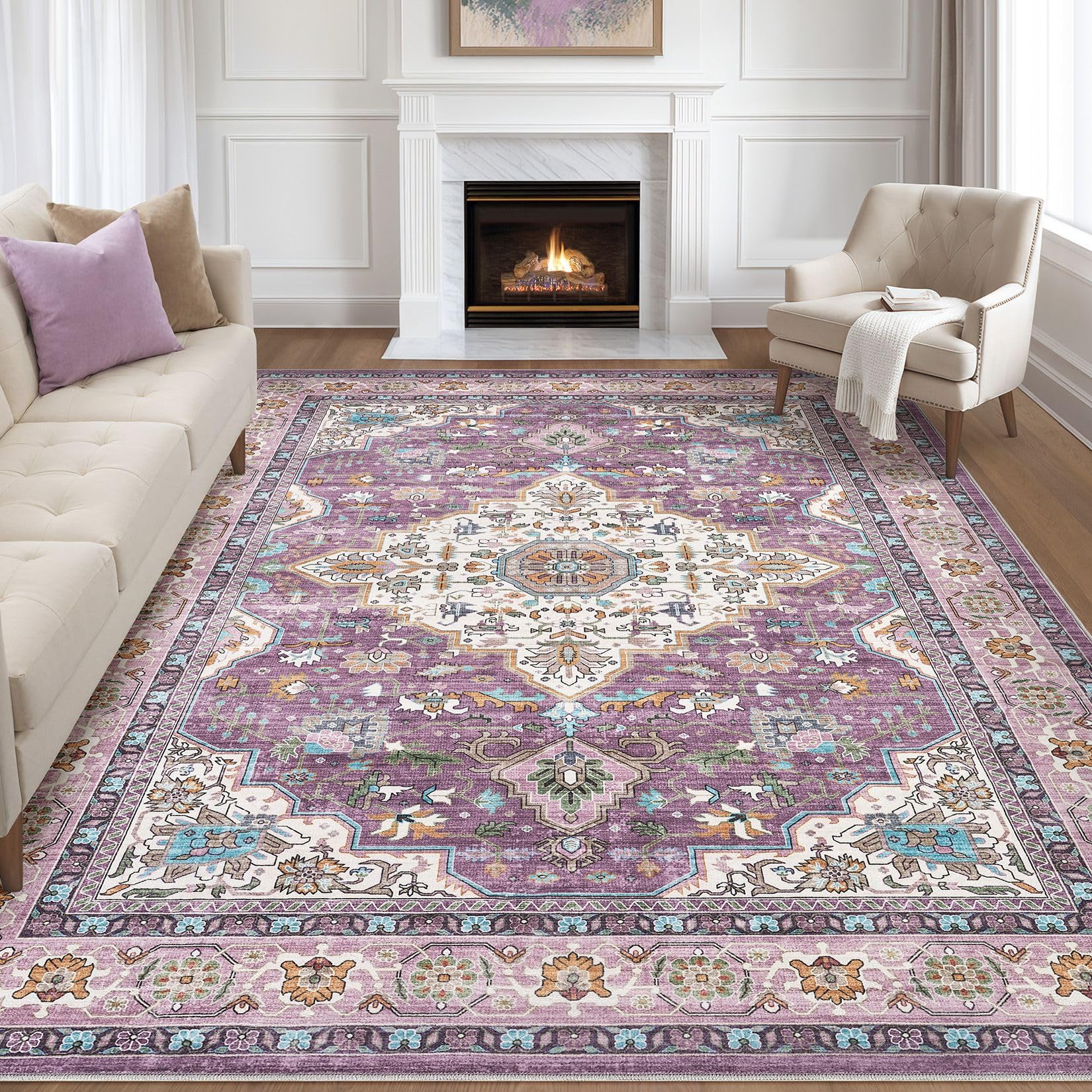 Purple Rug 8x10 Living Room: Washable Boho Large Neutral Vintage Soft Rug Stain Resistant Farmhouse Non-Slip Indoor Floor Carpet for Bedroom Nursery Kids Playroom Office Dining Room Home Decor Image
