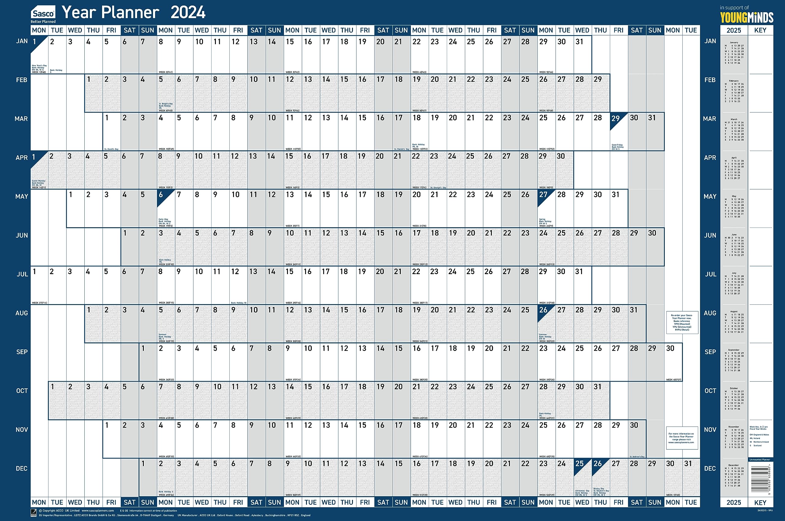 Sasco 2024 Yearly Wall Planner Set, Paper Whiteboard Poster Style Dry Erase Calendar, Large Wall Planner with Marker Pen, Pen Clip & Stickers, Blue, 915 x 610mm 2410215