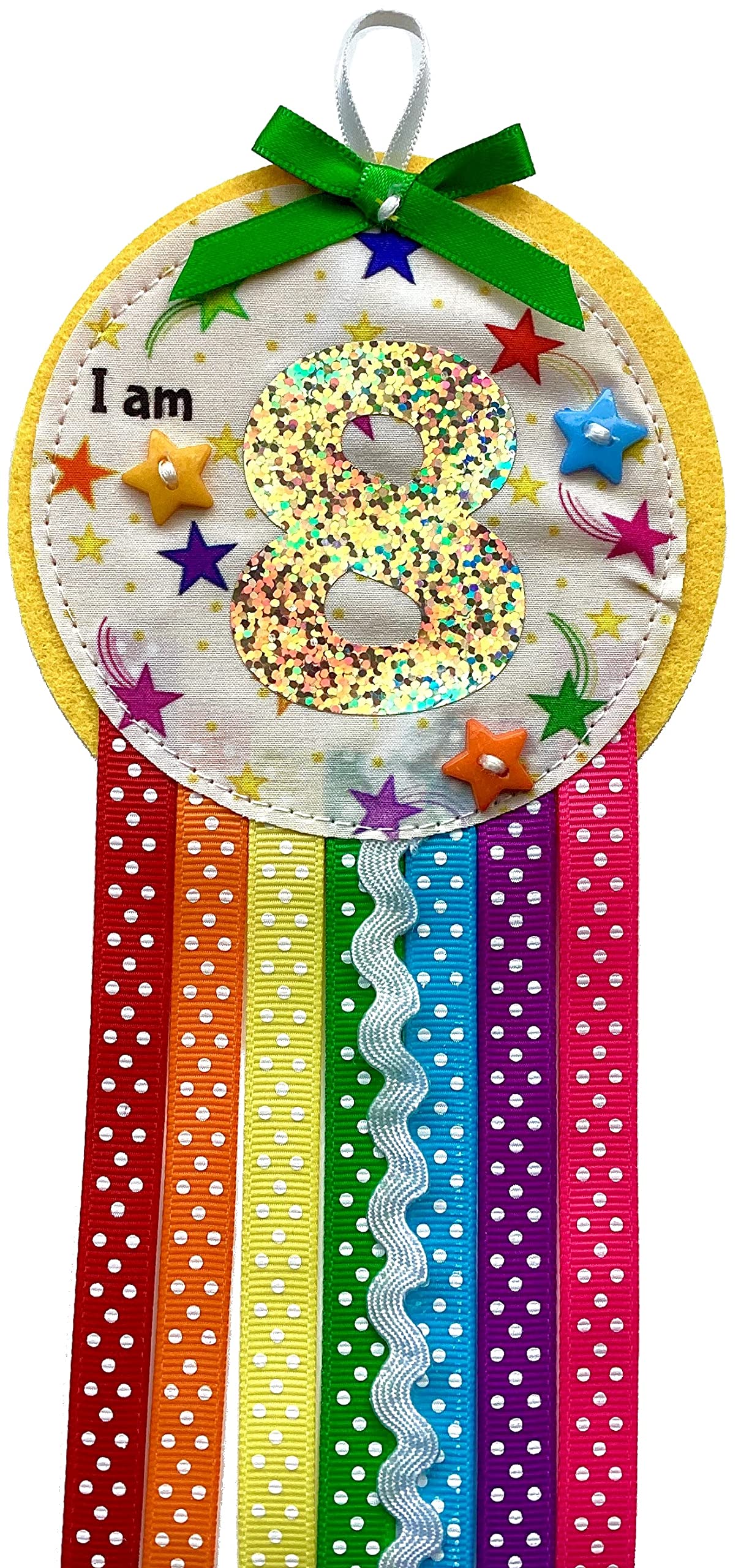 Ditsy Rosettes Rainbow Birthday Rosette Badge - Age 3, 4, 5, 6, 7, 8, 9 - Perfect Party Gift card – Birthday Boy, Birthday Girl (STARS - Age 8)