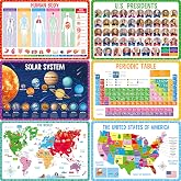 6 Pack Placemats for Kids, Non-Slip Washable, Reusable Universe, Periodic Table, US President, Human Body, Map of USA &amp; World Educational Placemats for Home, Kindergarten, Classroom, Nursery