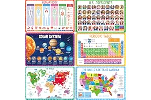SPRITEGRU 6 Pack Placemats for Kids, Non-Slip Washable, Reusable Universe, Periodic Table, US President, Human Body, Map of USA & World Educational Placemats for Home, Kindergarten, Classroom, Nursery