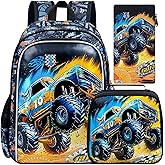 ZLYERT 16" Truck Backpack for Boy, 3Pcs Car School Backpacks with Lunch Box, Kids Bookbag for Elementary Preschool Kindergarten(Black)