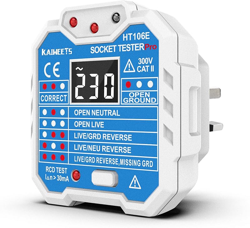 KAIWEETS HT106E UK Socket Tester with LCD Display RCD Test CAT III 300V